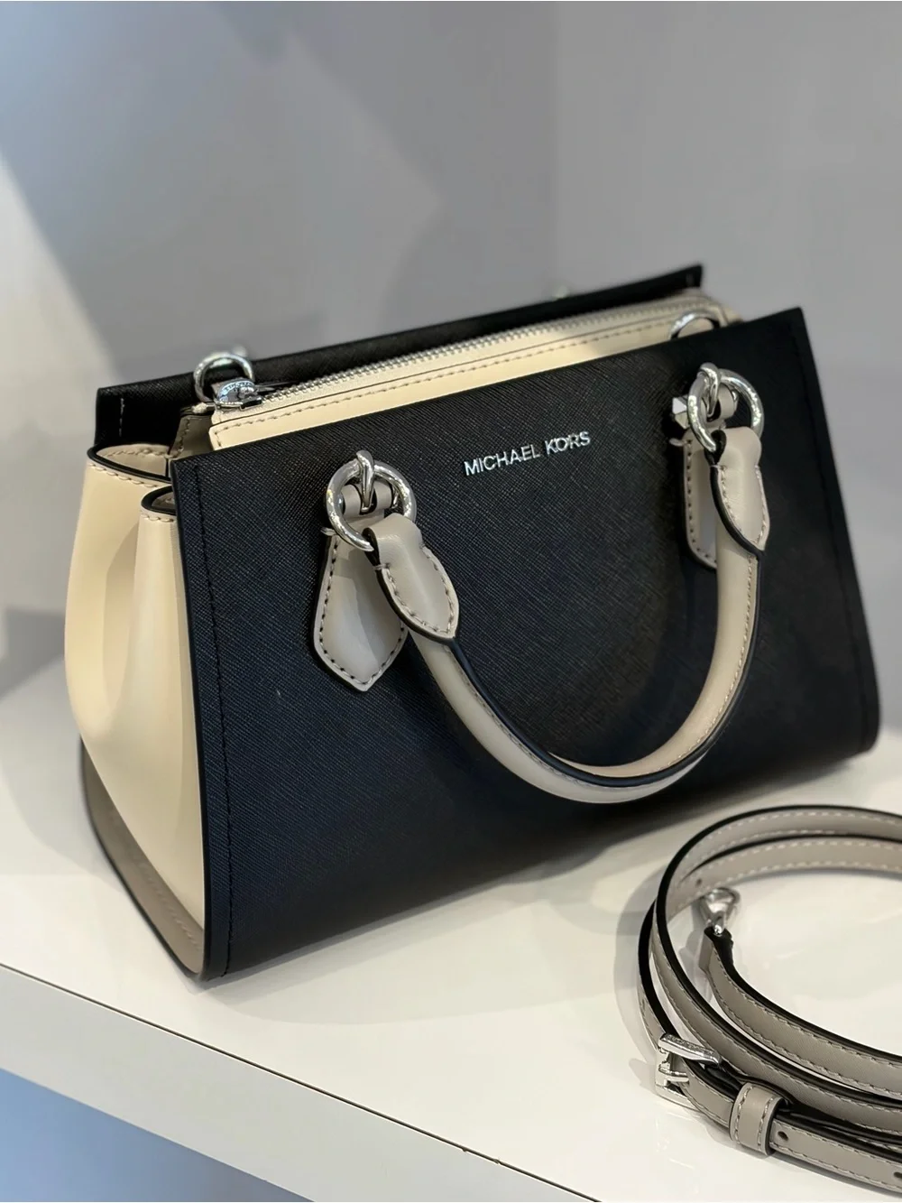 MICHAEL KORS Black, Light Gray and White Satchel